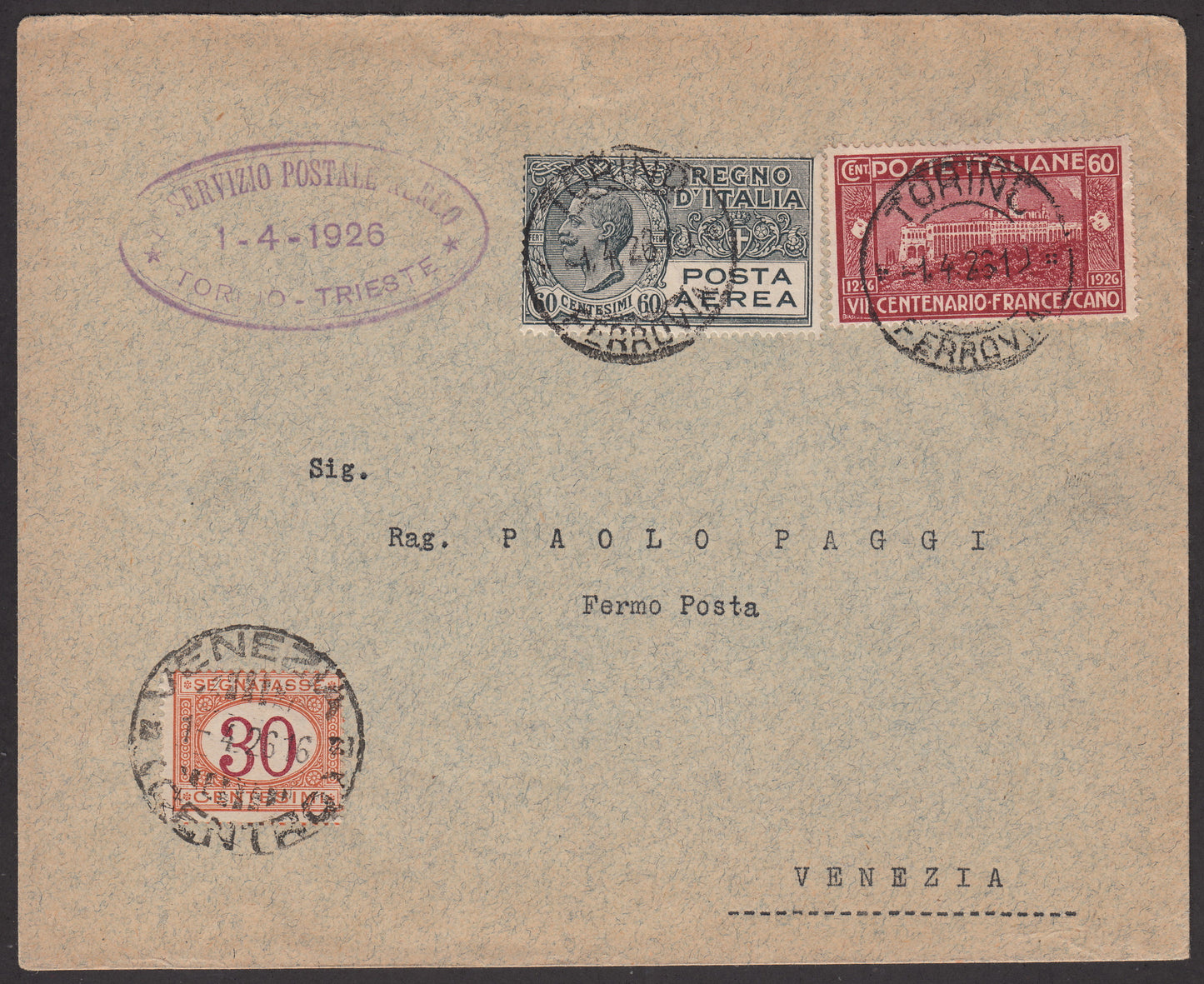 1926 - 1st air postal service Turin - Trieste 1/4/26 with Franciscan c. 60 carmine + P.Aerea c. 60 gray (195 + A3) 