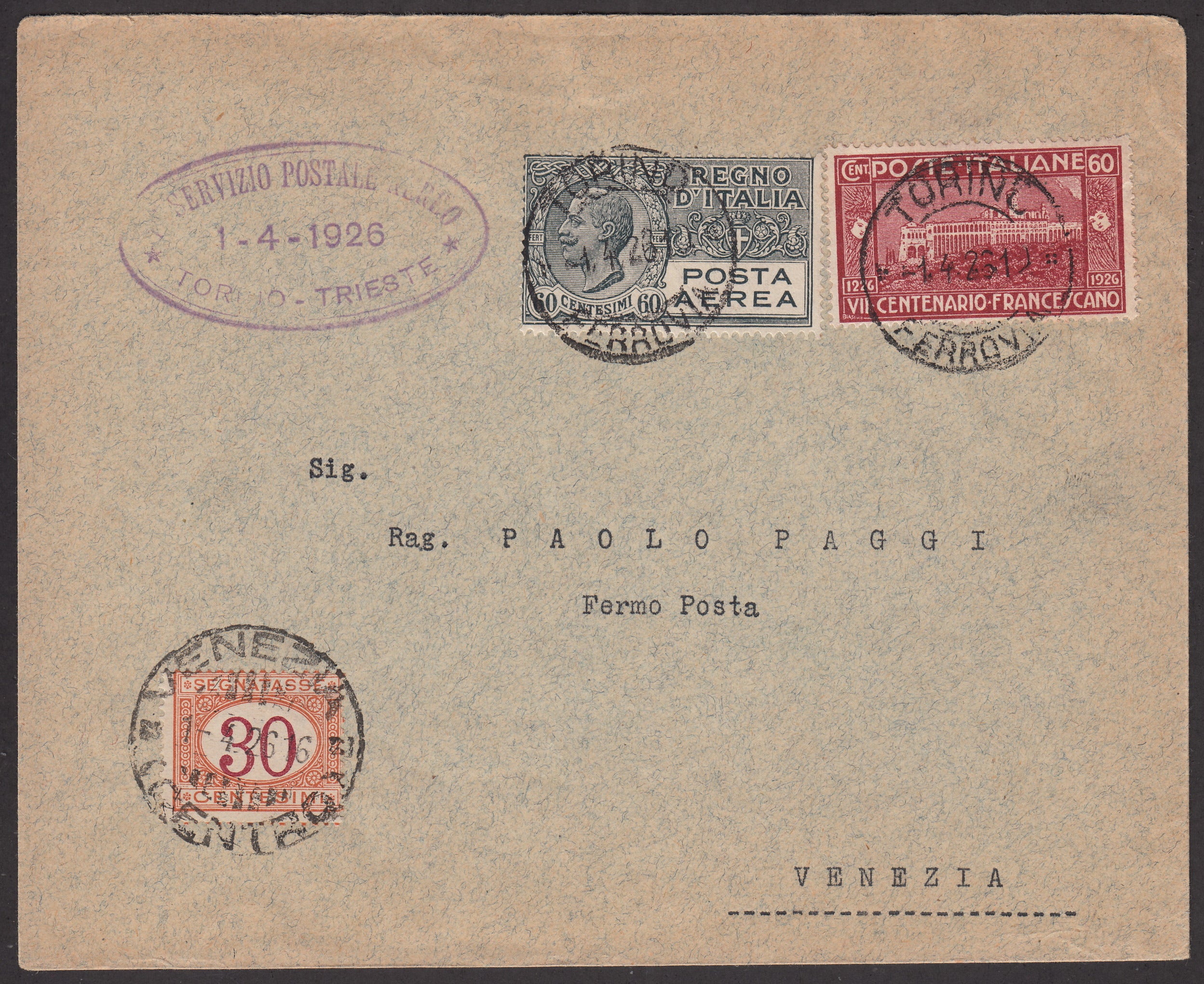PA57 - 1926 - 1° Servizio Postale Aereo Torino - Trieste, tappa Torino - Venezia 1/4/1926 - (56b) (Fermo Posta)