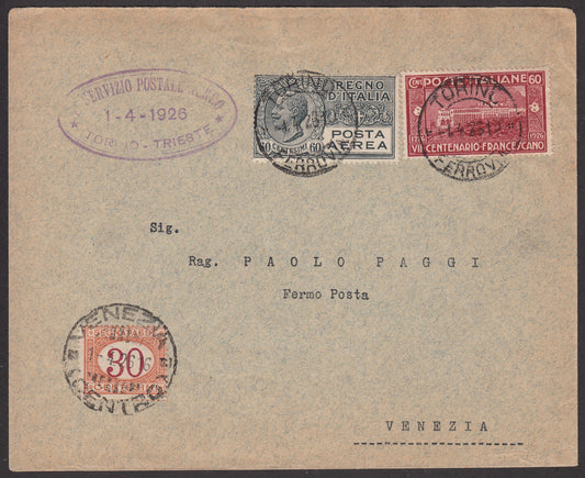 1926 - 1st air postal service Turin - Trieste 1/4/26 with Franciscan c. 60 carmine + P.Aerea c. 60 gray (195 + A3) 