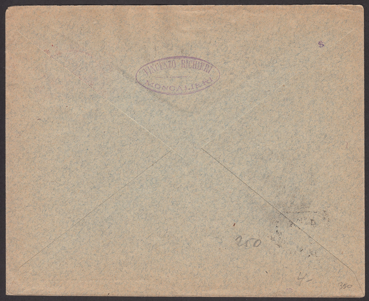 1926 - 1st air postal service Turin - Trieste 1/4/26 with Franciscan c. 60 carmine + P.Aerea c. 60 gray (195 + A3) 