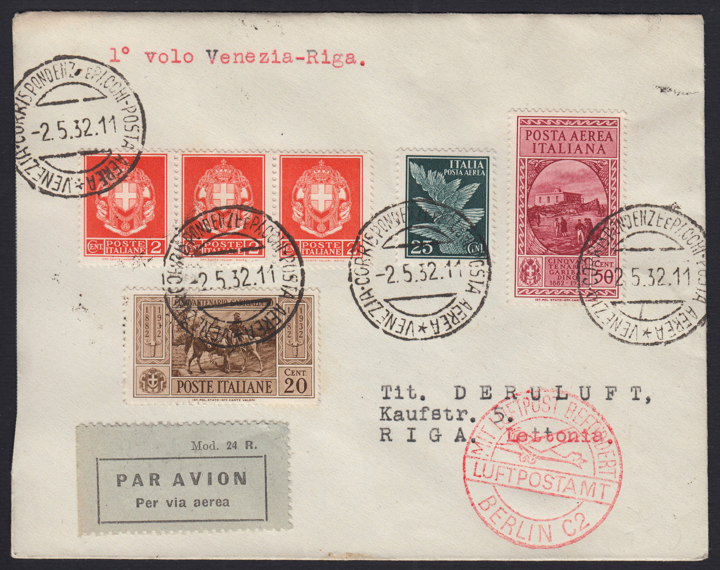 PA555 - 1932 - 1° volo Venezia - Riga (Lettonia) 2/5/32 con Imperiale + Garialdi Posta Orinaria c. 20 bruno + Aerea c. 50 rosso - Sassone n. 290e