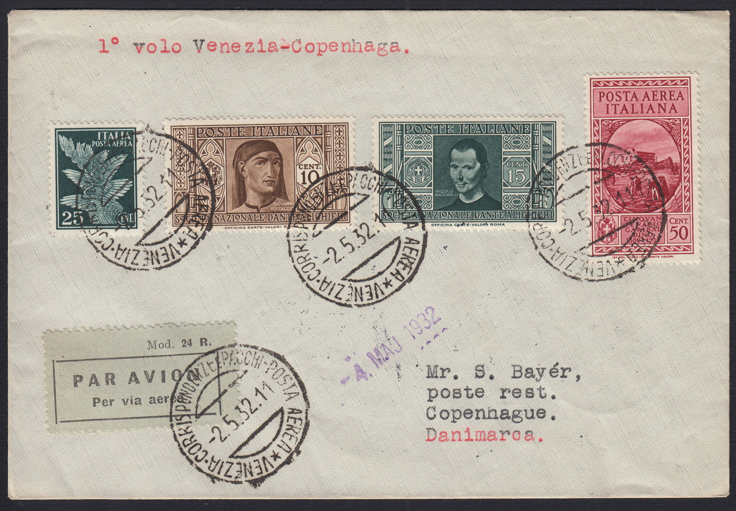 1926 - 1st air postal service Turin - Trieste 1/4/26 with Franciscan c. 60 carmine + P.Aerea c. 60 gray (195 + A3) 