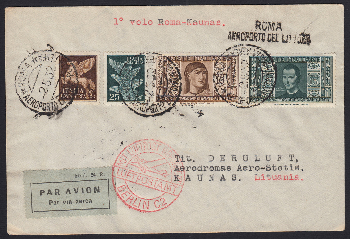 1926 - 1st air postal service Turin - Trieste 1/4/26 with Franciscan c. 60 carmine + P.Aerea c. 60 gray (195 + A3) 