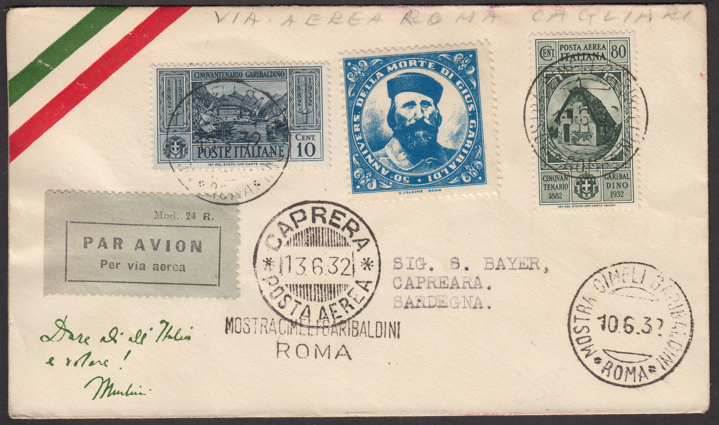 1926 - 1st air postal service Turin - Trieste 1/4/26 with Franciscan c. 60 carmine + P.Aerea c. 60 gray (195 + A3) 