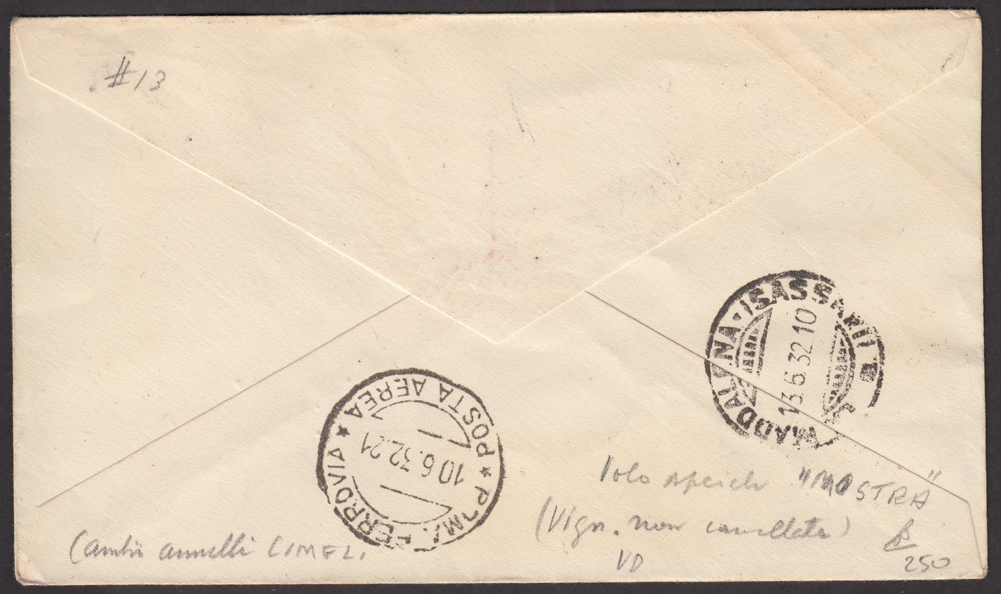 1926 - 1st air postal service Turin - Trieste 1/4/26 with Franciscan c. 60 carmine + P.Aerea c. 60 gray (195 + A3) 