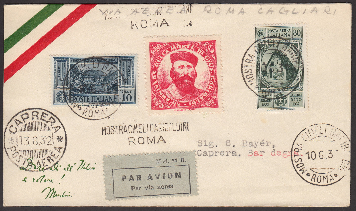 PA279 - 1° volo Roma - Caprera 10/6/32 (erinnofilo Rosso) - Sassone n. 297