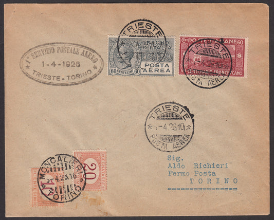 1926 - 1st air postal service Turin - Trieste 1/4/26 with Franciscan c. 60 carmine + P.Aerea c. 60 gray (195 + A3) 