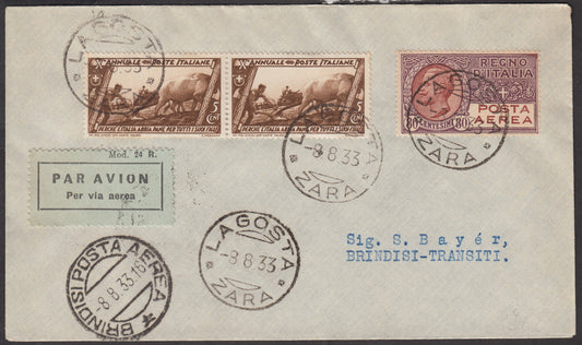 1926 - 1st air postal service Turin - Trieste 1/4/26 with Franciscan c. 60 carmine + P.Aerea c. 60 gray (195 + A3) 