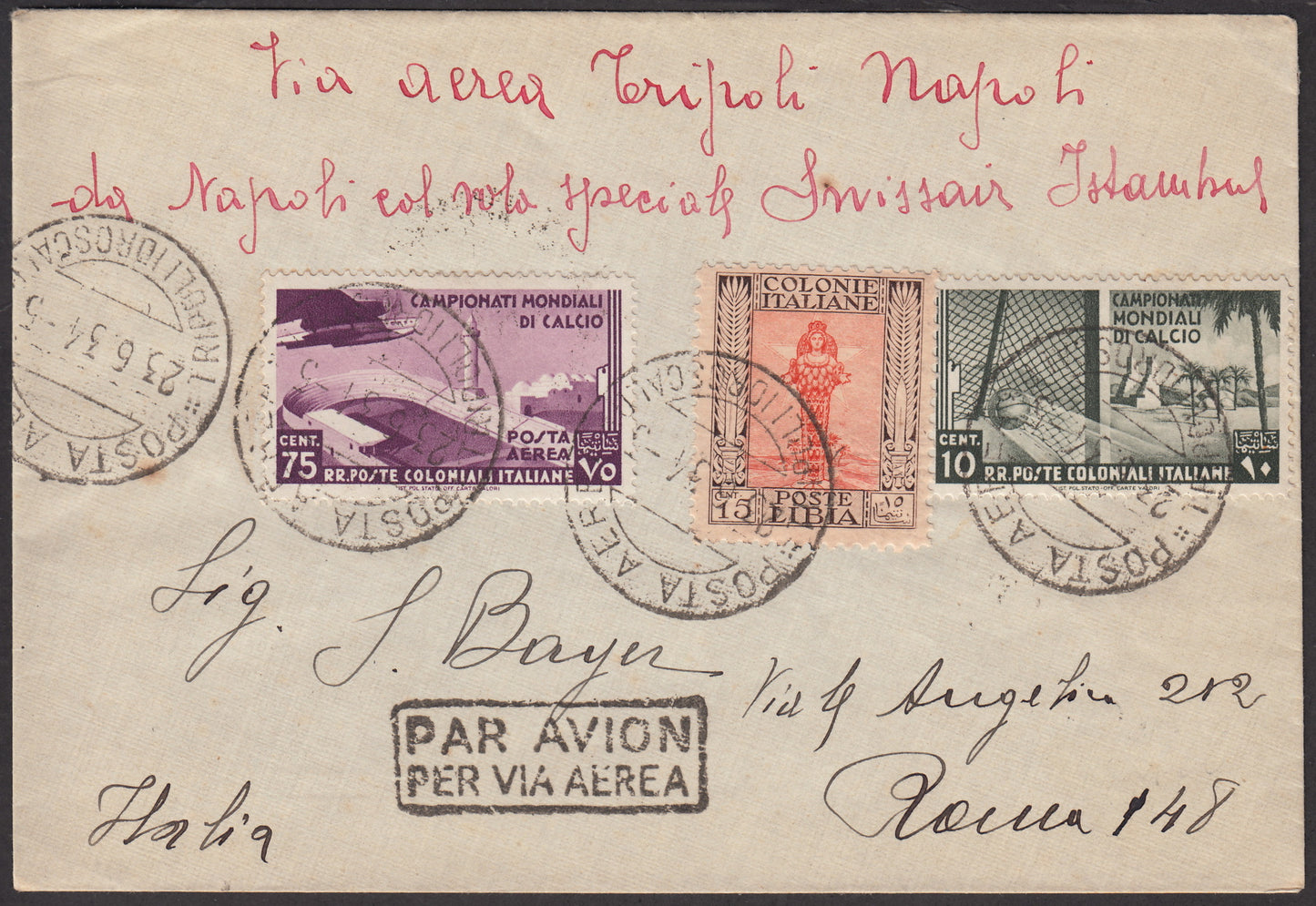 1926 - 1st air postal service Turin - Trieste 1/4/26 with Franciscan c. 60 carmine + P.Aerea c. 60 gray (195 + A3) 