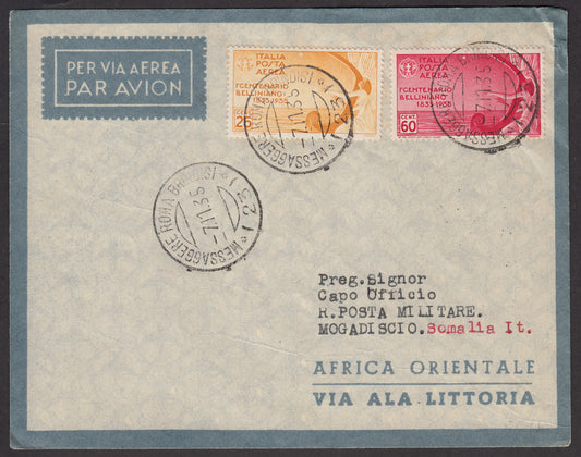 1926 - 1st air postal service Turin - Trieste 1/4/26 with Franciscan c. 60 carmine + P.Aerea c. 60 gray (195 + A3) 