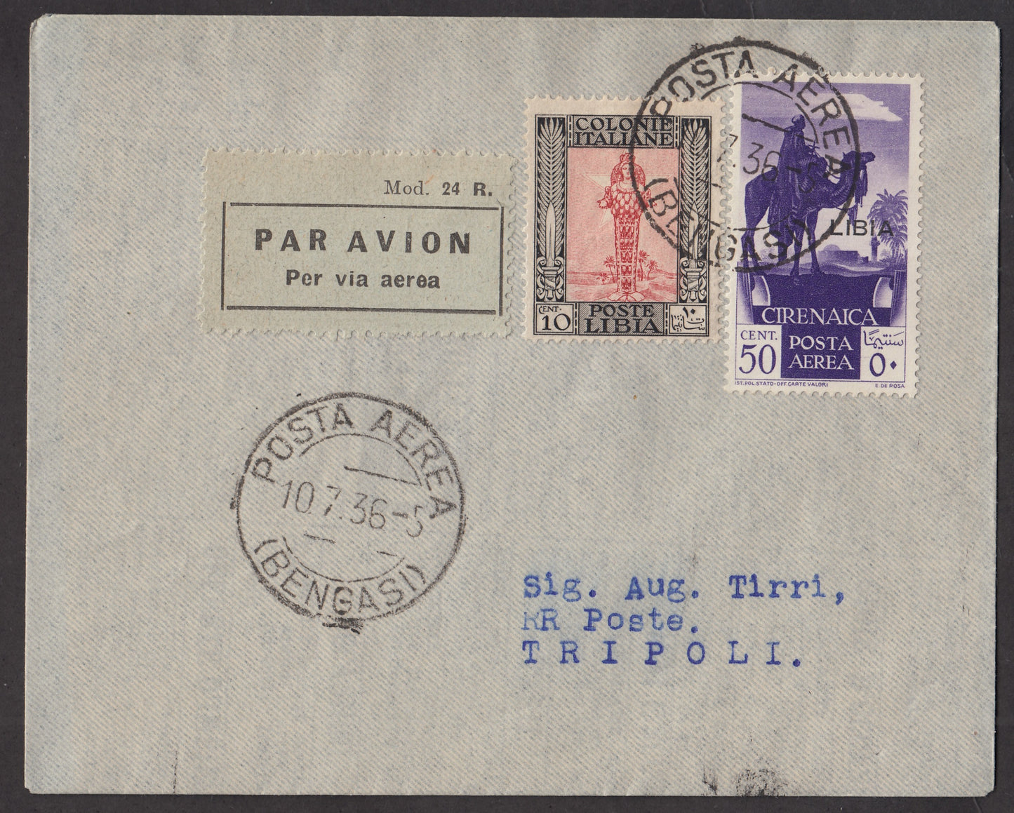 1926 - 1st air postal service Turin - Trieste 1/4/26 with Franciscan c. 60 carmine + P.Aerea c. 60 gray (195 + A3) 