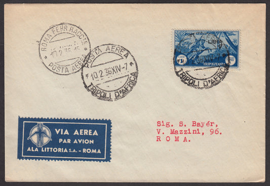 1926 - 1st air postal service Turin - Trieste 1/4/26 with Franciscan c. 60 carmine + P.Aerea c. 60 gray (195 + A3) 