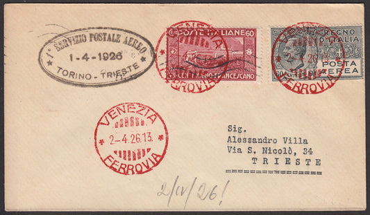 1926 - 1st air postal service Turin - Trieste 1/4/26 with Franciscan c. 60 carmine + P.Aerea c. 60 gray (195 + A3) 