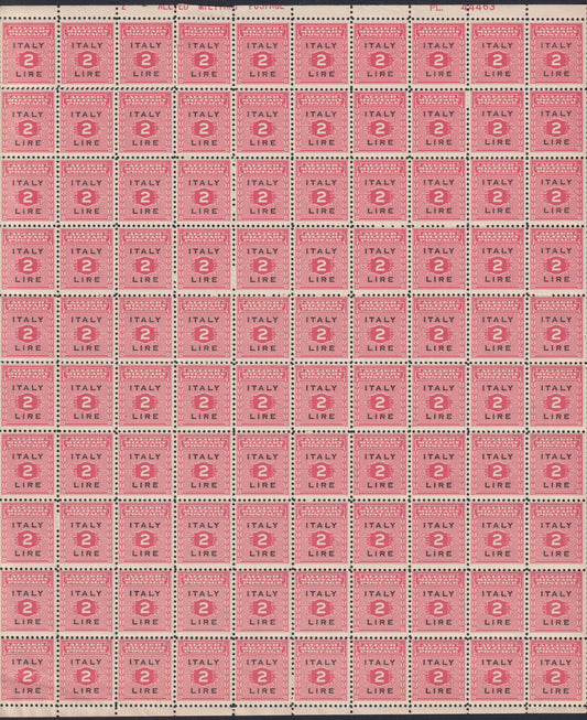 AMGOT1 - 1943 Anglo-American occupation of Sicily, L. 2 carmine and black complete sheet of 100 copies new with gum (7)