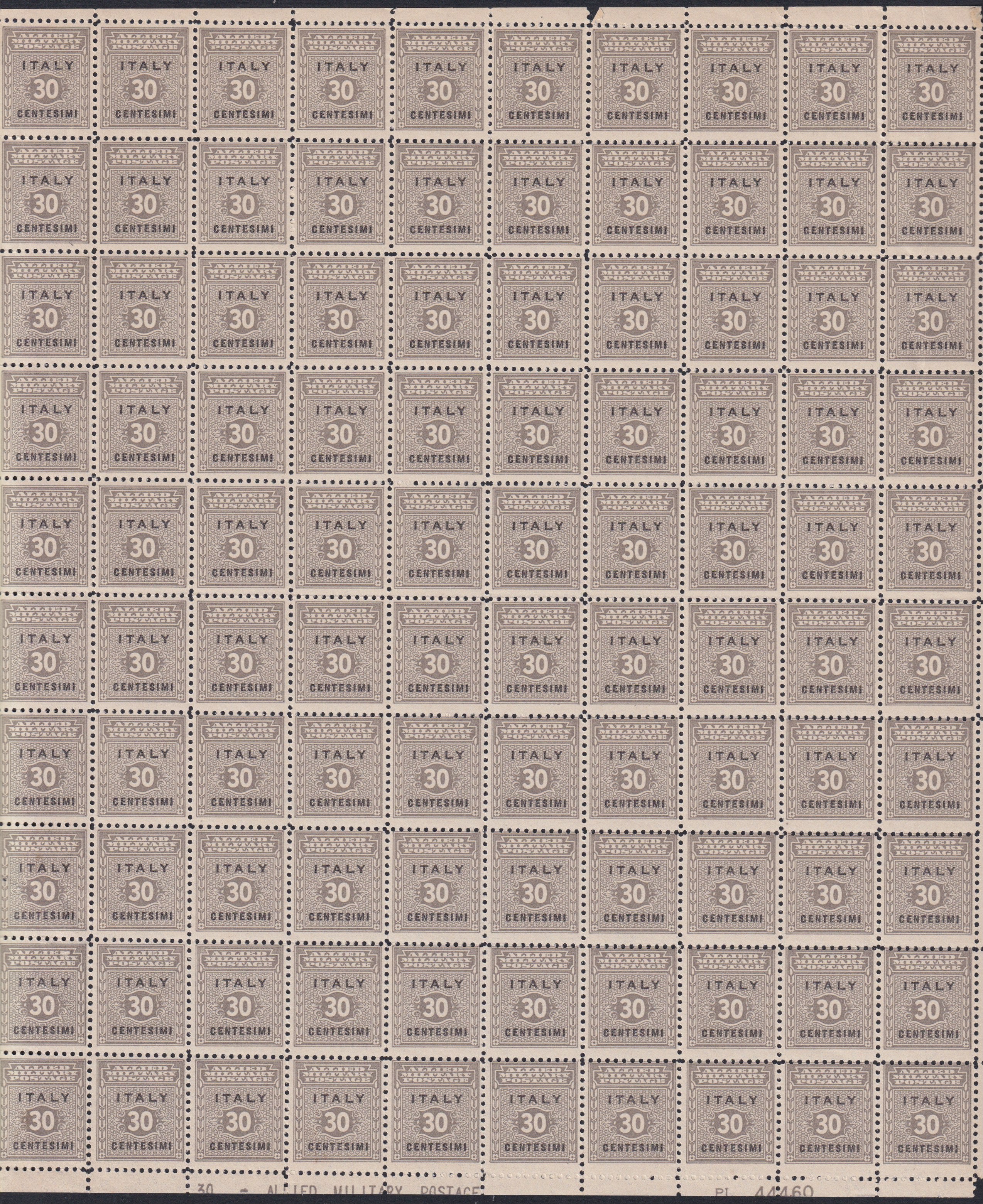 AMGOT2 - 1943 Occupazione Anglo-Americana della Sicilia, c. 30 grigio e nero foglio completo di 100 esemplari nuovo con gomma (3)