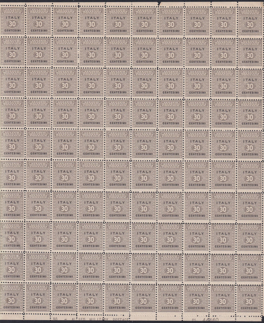 AMGOT2 - 1943 Anglo-American occupation of Sicily, c. 30 gray and black complete sheet of 100 copies new with rubber (3)