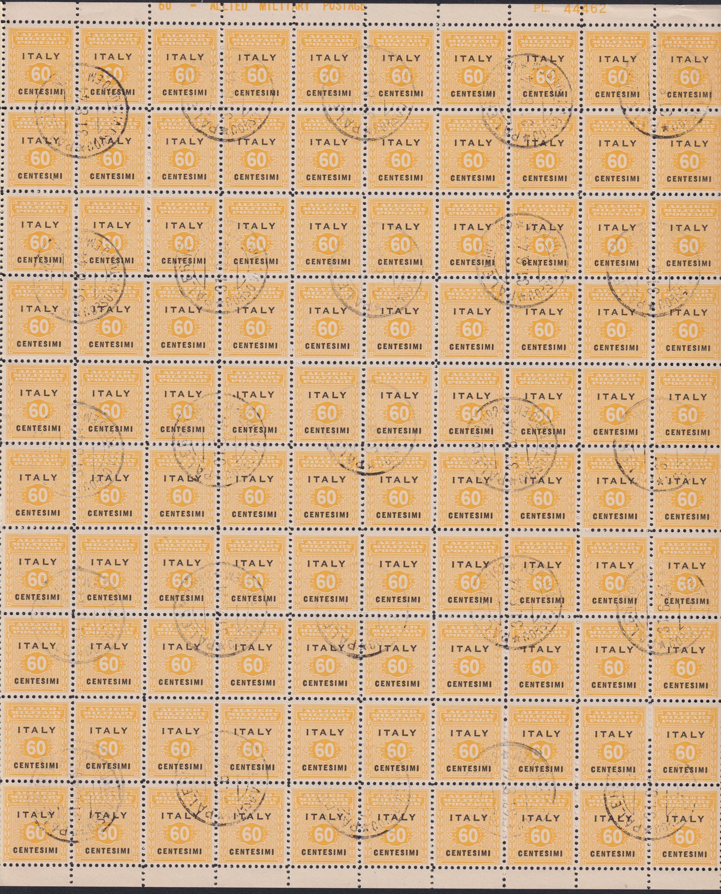 AMGOT3 - 1943 Occupazione Anglo-Americana della Sicilia, c. 60 giallo e nero foglio completo di 100 esemplari usato (5)
