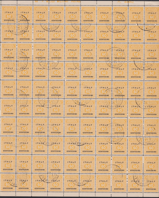 AMGOT3 - 1943 Anglo-American occupation of Sicily, c. 60 yellow and black complete sheet of 100 used copies (5)