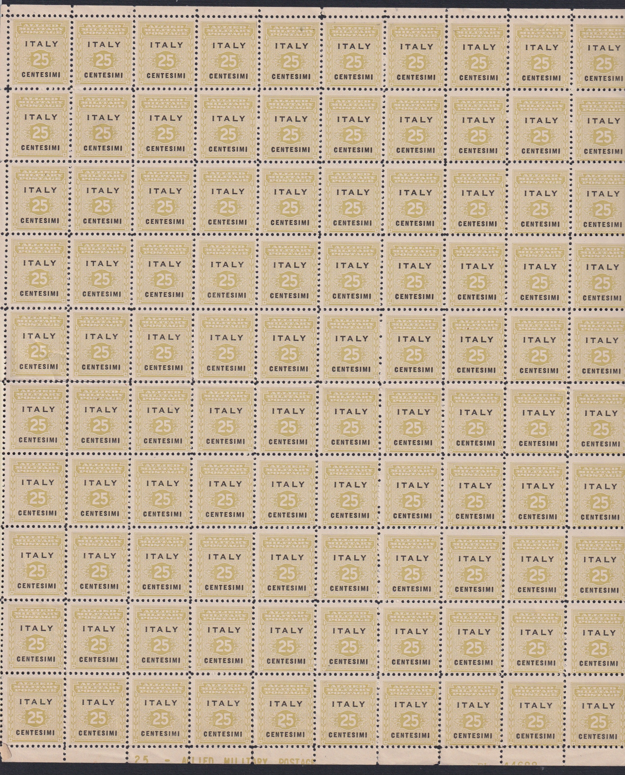 AMGOT4 - 1943 Occupazione Anglo-Americana della Sicilia, c. 25 oliva e nero foglio completo di 100 esemplari nuovo con gomma integra (2)