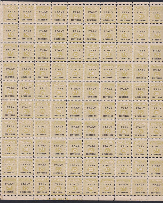 AMGOT4 - 1943 Anglo-American occupation of Sicily, c. 25 olive and black complete sheet of 100 new copies with intact gum (2)