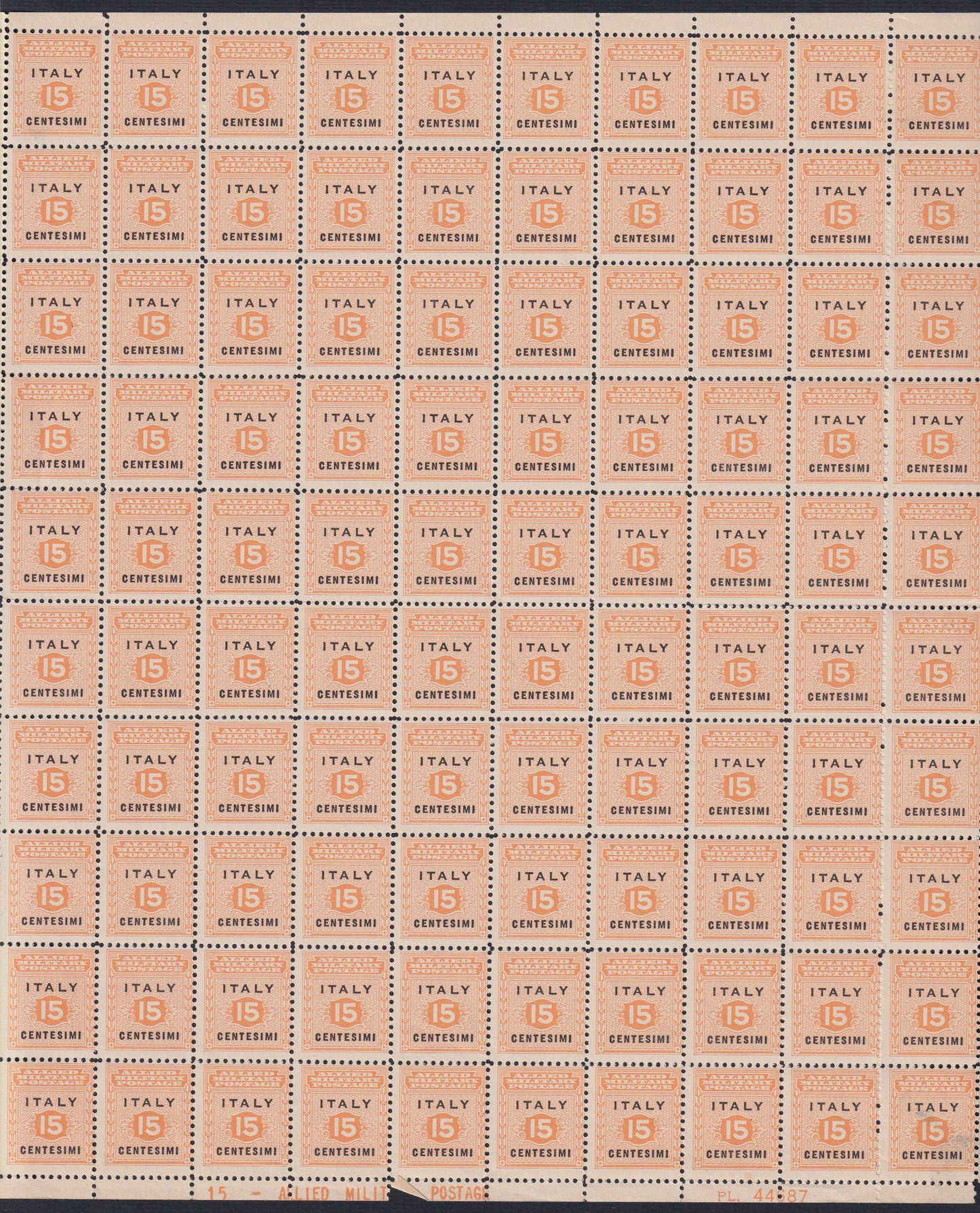 AMGOT5 - 1943 Occupazione Anglo-Americana della Sicilia, c. 15 arancio e nero foglio completo di 100 esemplari nuovo con gomma integra (1)