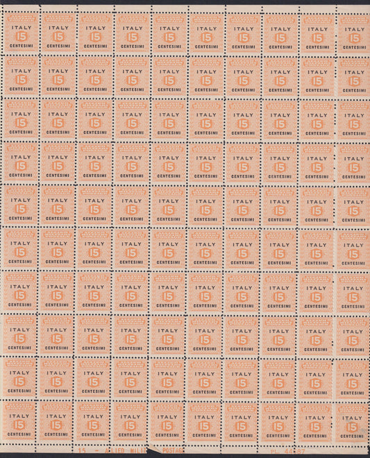 AMGOT5 - 1943 Occupazione Anglo-Americana della Sicilia, c. 15 arancio e nero foglio completo di 100 esemplari nuovo con gomma integra (1)
