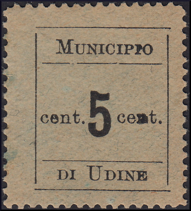 1918 - Municipio di Udine, 5 centesimi nero su carta verde azzurra dentellato sui quattro lati nuovo con gomma (1a)