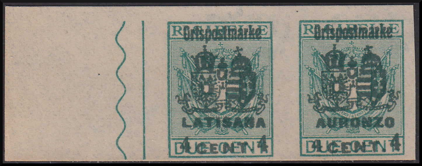 1918 -  Occupazione Austriaca del Friuli e del Veneto, francobolli di Recapito Autorizzato c.4 su c.2 verde coppia orizzontale con località differenti (8, 24)