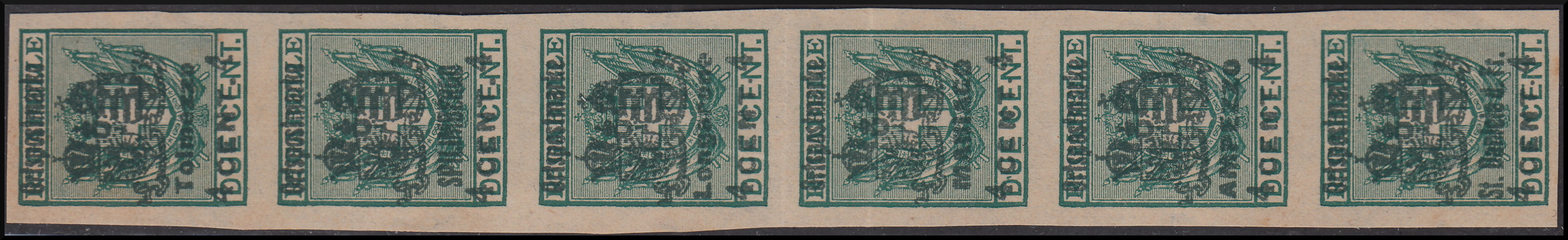 1918 - Austrian occupation of Friuli and Veneto, Authorized Delivery stamps c.4 on c.2 green vertical strip of six specimens with different locations, very rare (4, 28, 32, 48, 60, 68) 
