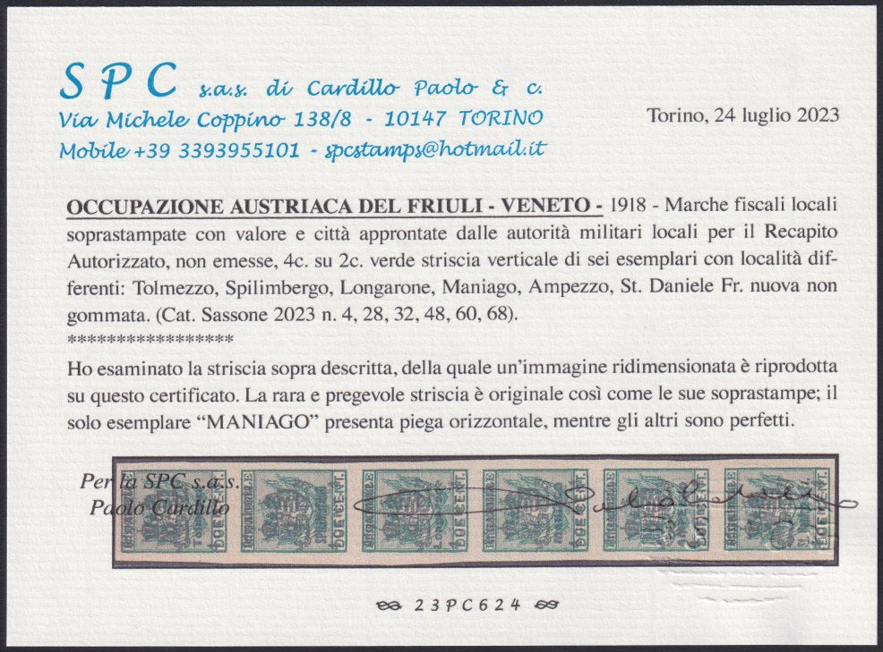 1918 -  Occupazione Austriaca del Friuli e del Veneto, francobolli di Recapito Autorizzato c.4 su c.2 verde striscia verticale di sei esemplari con località differenti, rarissima (4, 28, 32, 48, 60, 68)