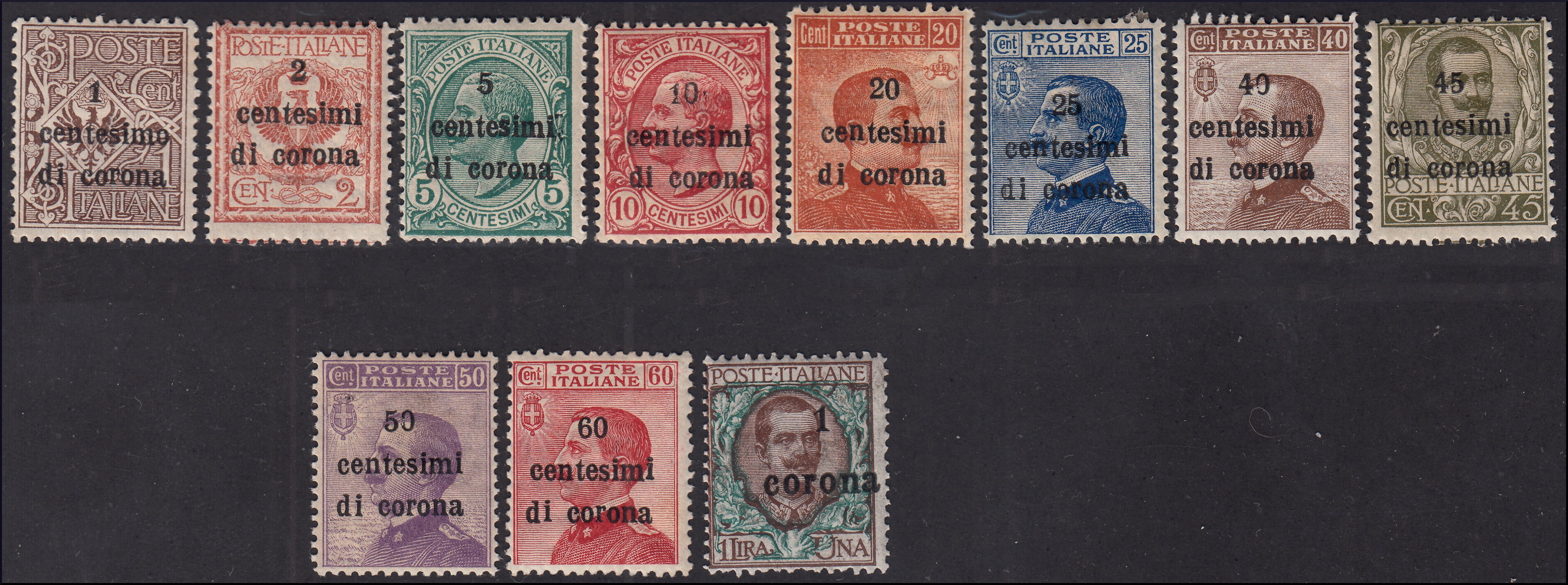 AO17 - 1919 - Francobolli di Regno soprastampati con valori in centesimi di corona e corone, serie completa nuova gomma originale (1/11)
