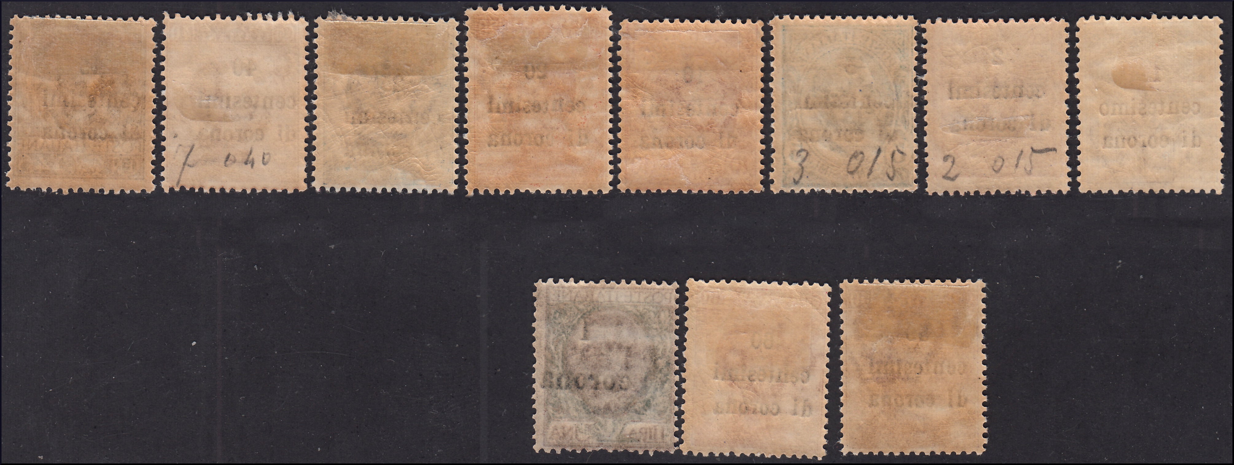 AO17 - 1919 - Francobolli di Regno soprastampati con valori in centesimi di corona e corone, serie completa nuova gomma originale (1/11)