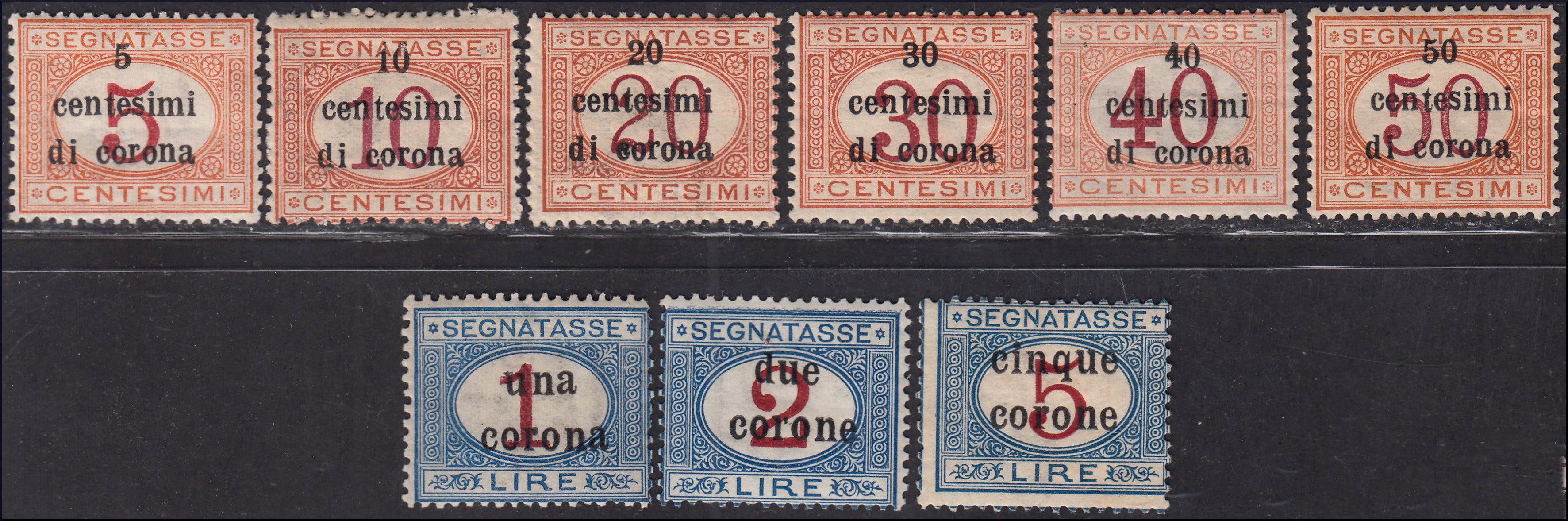 AO18 - 1919 - Segnatasse di Regno soprastampate con valori in centesimi di corona e corone, serie completa nuova gomma originale (1/9)