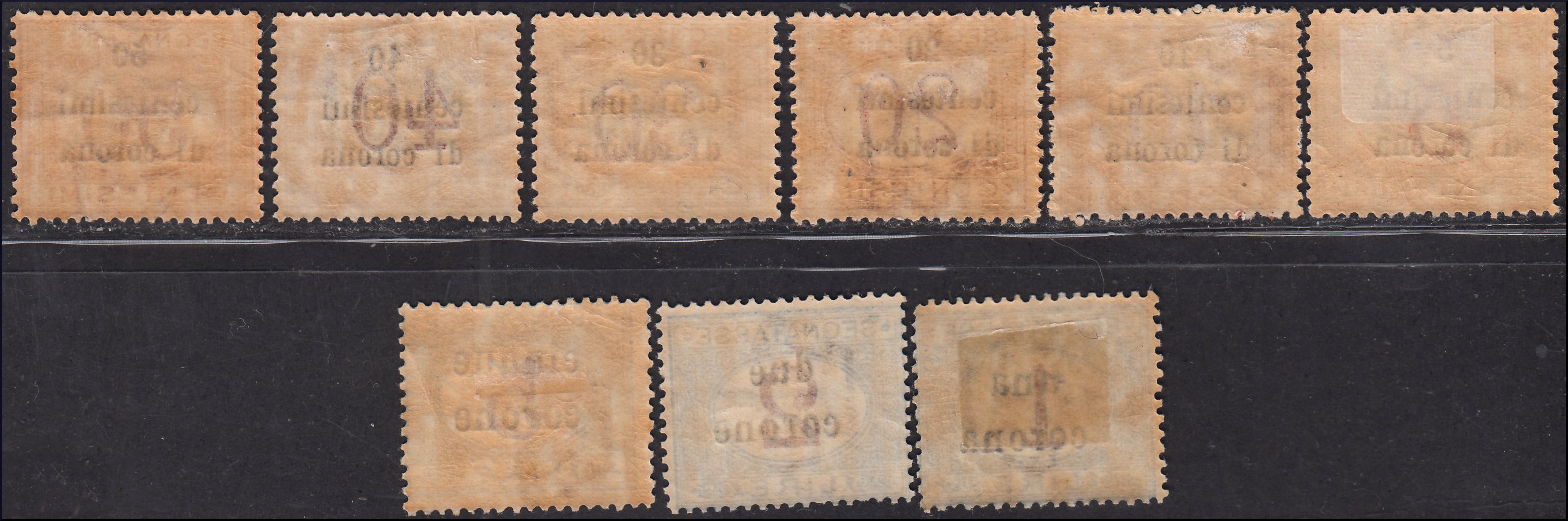 AO18 - 1919 - Segnatasse di Regno soprastampate con valori in centesimi di corona e corone, serie completa nuova gomma originale (1/9)