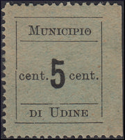 1918 - Municipio di Udine, 5 centesimi nero su carta verde azzurra non dentellato a destra nuovo con gomma (1)