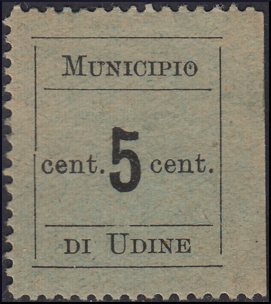 1918 - Town Hall of Udine, 5 cents black on blue-green paper, not perforated on the right, new with gum (1)