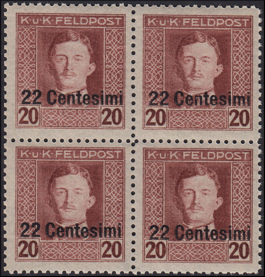 A04 - 1918 - Austrian occupation of Friuli and Veneto, overprinted Austrian stamps, c.22 out of 20 brown perforation 11 1/2 instead of 12 1/2, new block of four copies with intact gum (9aa) 