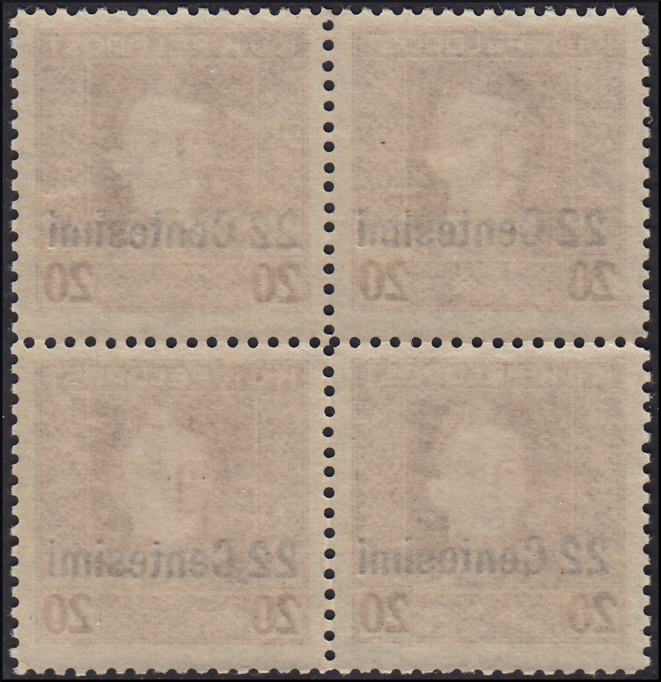 A04 - 1918 -  Occupazione Austriaca del Friuli e del Veneto, francobolli di Austria soprastampati, c.22 su 20 bruno dentellatura 11 1/2 invece che 12 1/2, blocco di quattro esemplari nuovo con gomma integra (9aa)