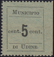 1918 - Municipio di Udine, 5 centesimi nero su carta verde azzurra non dentellato a destra nuovo con gomma (1)