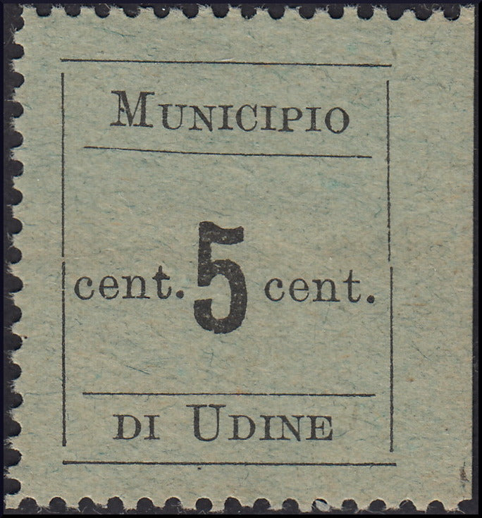 1918 - Municipio di Udine, 5 centesimi nero su carta verde azzurra non dentellato a destra nuovo con gomma (1)