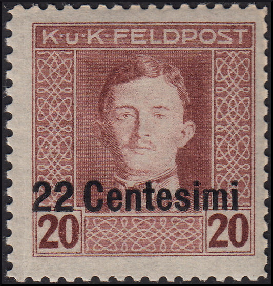 A07 - 1918 - Austrian occupation of Friuli and Veneto, overprinted Austrian stamps, c.22 out of 20 brown perforation 11 1/2 instead of 12 1/2, new with intact gum (9aa) 