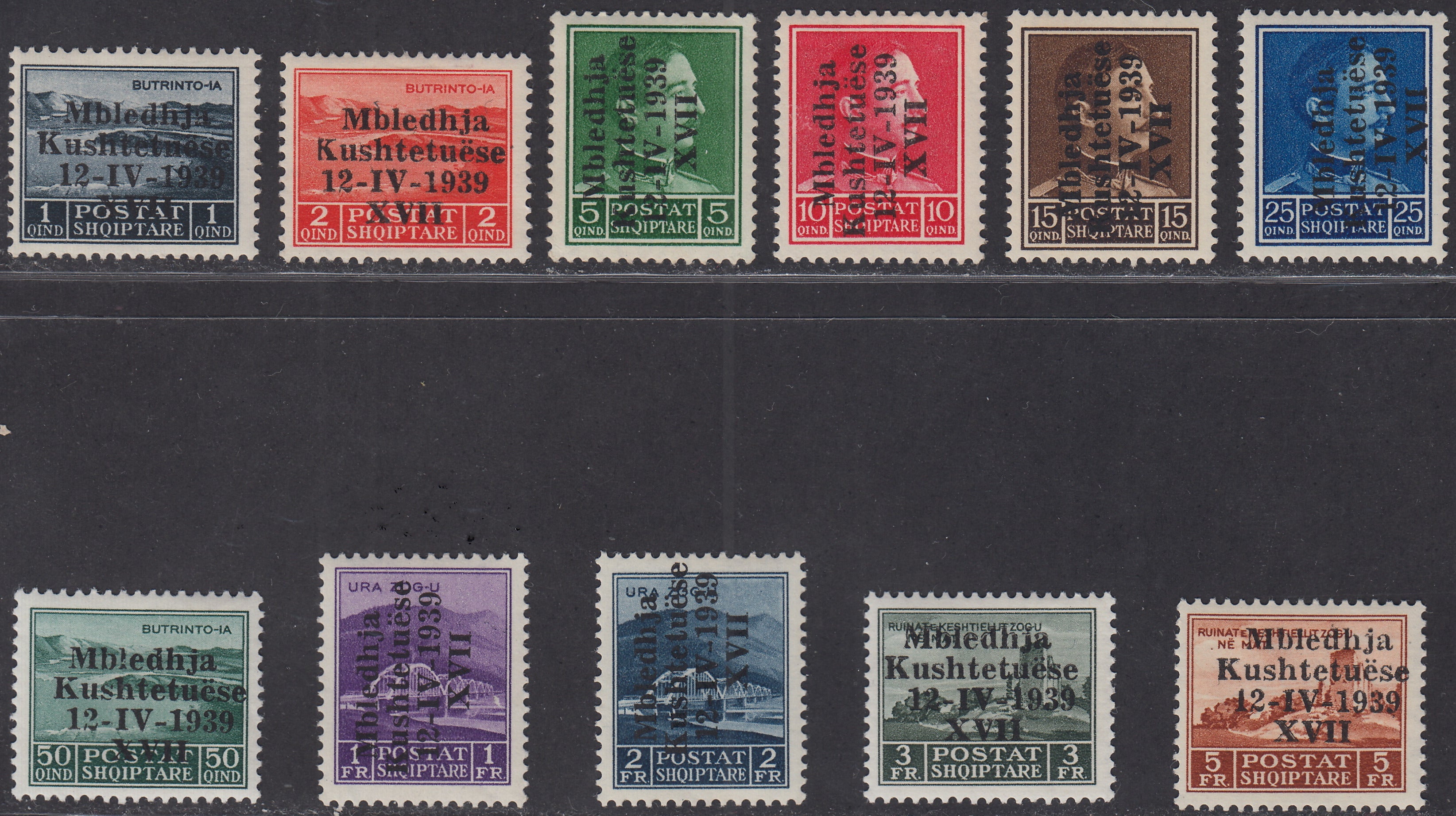 Alb17 - 1939 -  Assemblea Costituente, francobolli di Albania soprastampati, serie completa di 11 valori nuova con gomma originale (1/11)