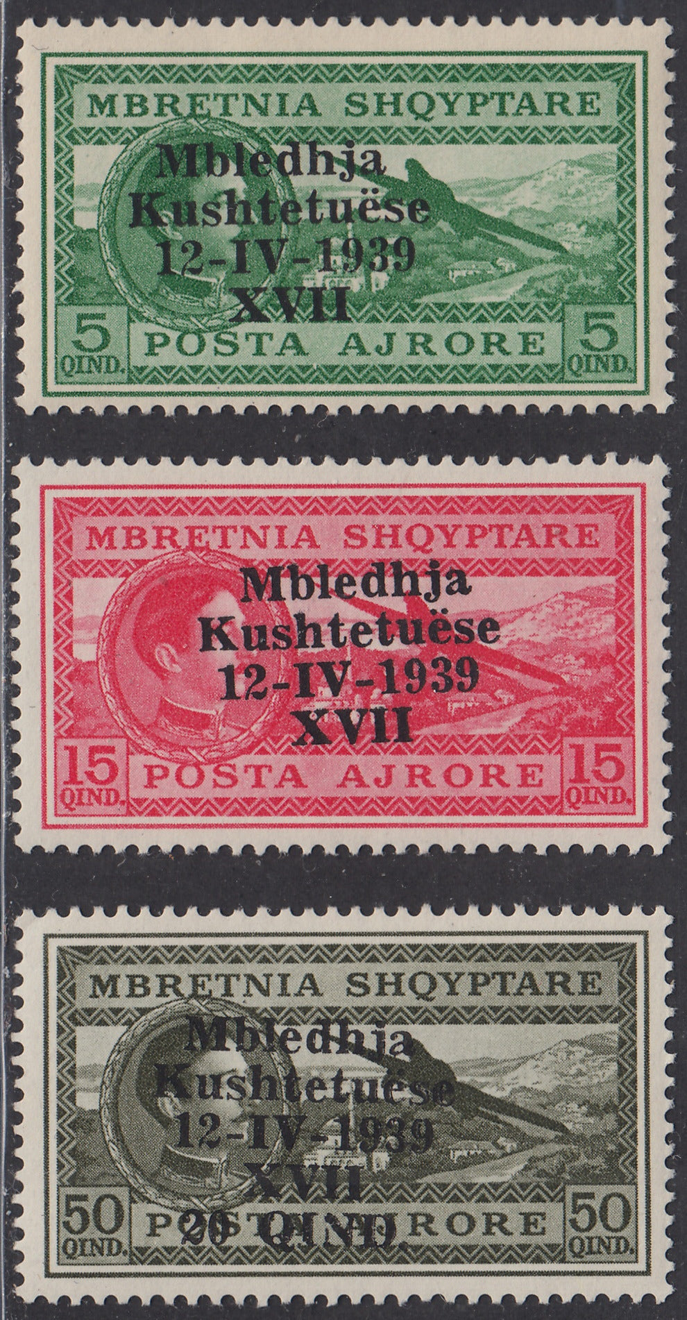 Alb30 - 1939 -  Assemblea Costituente, francobolli di Posta Aerea albanesi soprastampati, serie completa di tre valori nuova con gomma originale (A1/3)