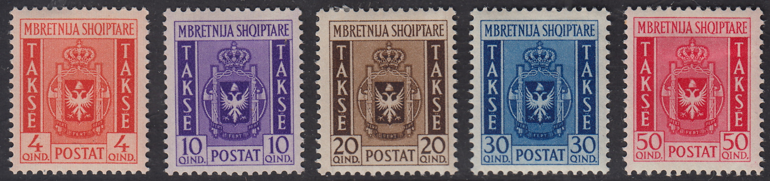 Alb47 - 1940 -  Segnatasse, stemma albanese, serie completa di 5 valori nuovi con gomma originale (1/5)