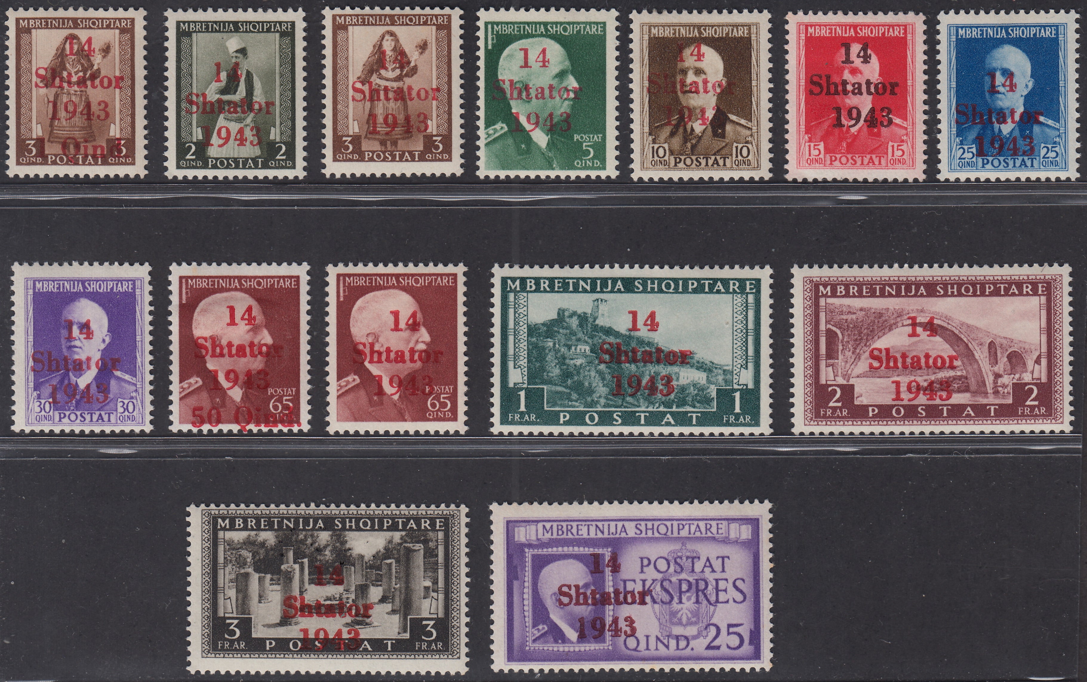 AlbTed1 -1943 - Francobolli di Albania soprastampati "14 Shtator 1943" serie completa di 14 valori nuova gomma originale (1/14)