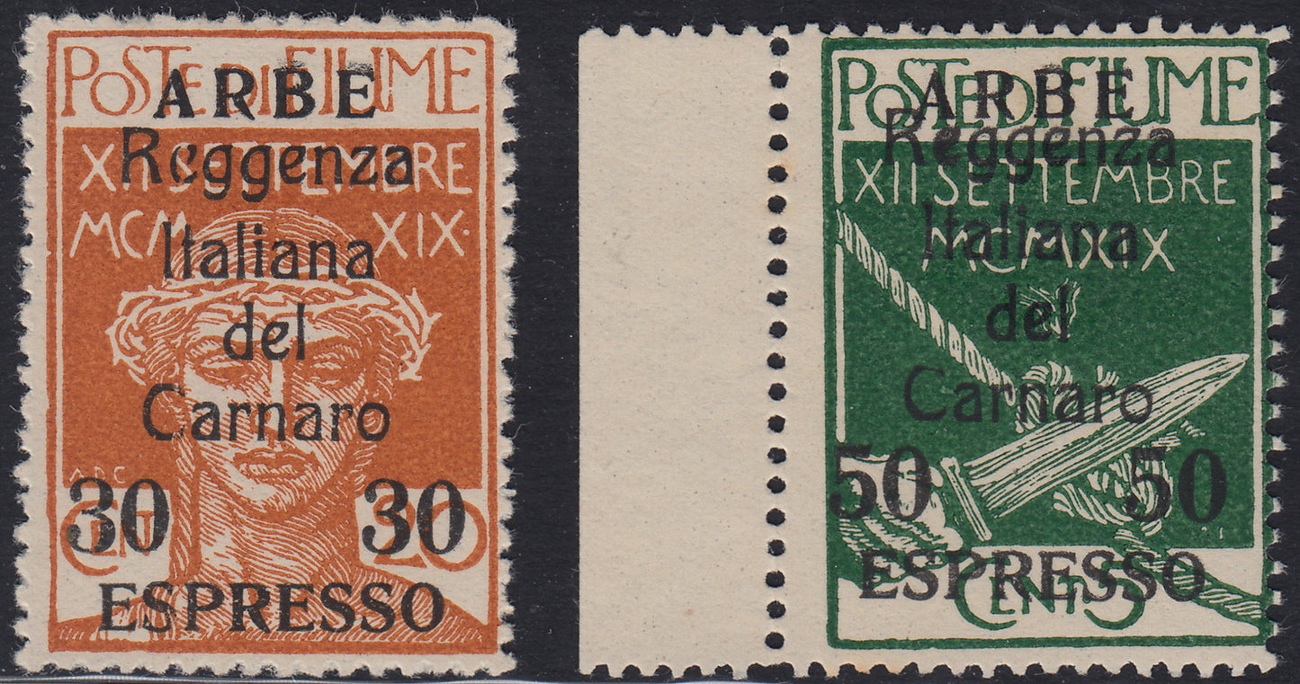 Arbe11 - 1920 - Legionari di Fiume soprastampati ARBE, Espressi due valori nuovi con gomma originale (1, 2)