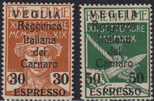 Arbe14 - 1920 - Legionari di Fiume soprastampati VEGLIA, Espressi due valori nuovi con gomma originale (1, 2)
