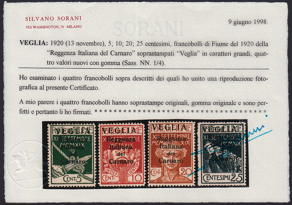 ARBE4 - Legionari di Fiume soprastampati V E G L I A in caratteri grandi, serie completa di quattro valori nuovi con gomma originale (1/4).