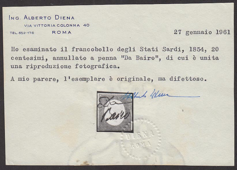 BA21_124 - 1854 - III emissione c. 20 celeste usato con grafico DA BAIRO unico noto, punti R3 (8a)