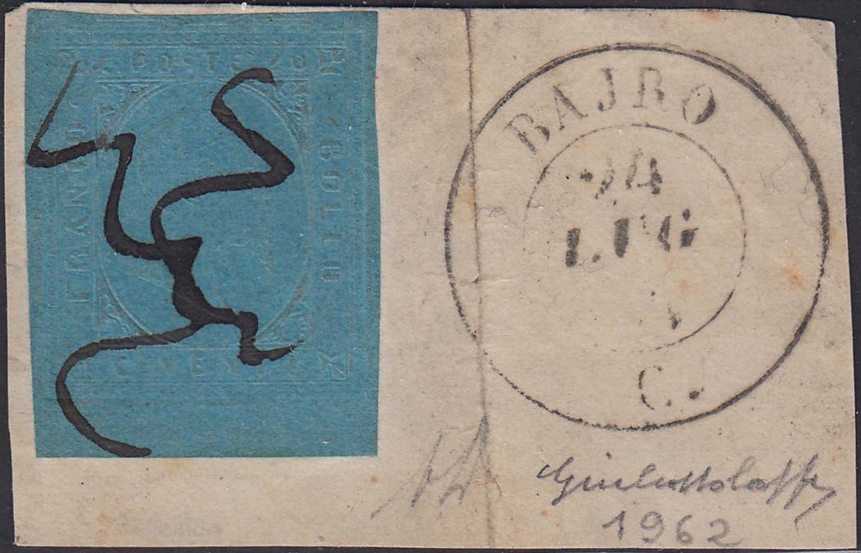 BA21_135 - 1853 - Bajro 24/7/54 su frammento con esemplare della II emissione c. 20 azzurro usato con tratti di penna (5, pti R3)